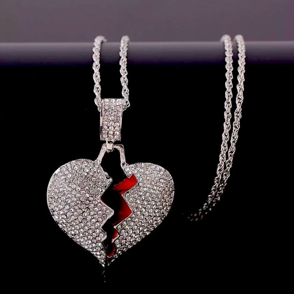 😊 Brand New  Iced Out Heart Broke Statement Pendant and Necklace Chain